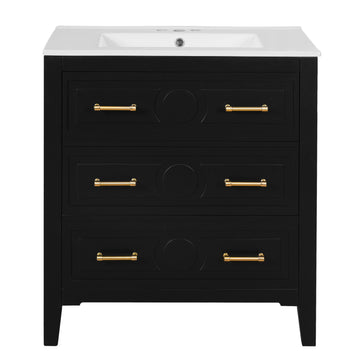 30 Inch Retro Bathroom Vanity With Ceramic Sink And Three Drawers Black