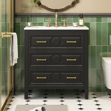 30 Inch Retro Bathroom Vanity With Ceramic Sink And Three Drawers Black