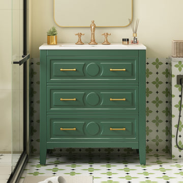 30 Inch Retro Bathroom Vanity With Ceramic Sink And Three Drawers Green
