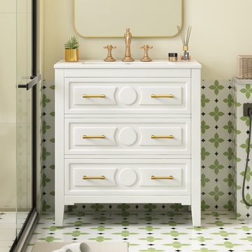 30 Inch Retro Bathroom Vanity With Ceramic Sink And Three Drawers White