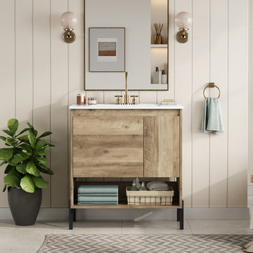 30 Inch Modern Wood Bathroom Vanity with Ceramic Sink Natural Wood