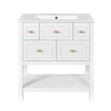 30 Inch Modern Bathroom Vanity With Ceramic Sink And Five Drawers White