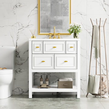 30 Inch Modern Bathroom Vanity With Ceramic Sink And Five Drawers White