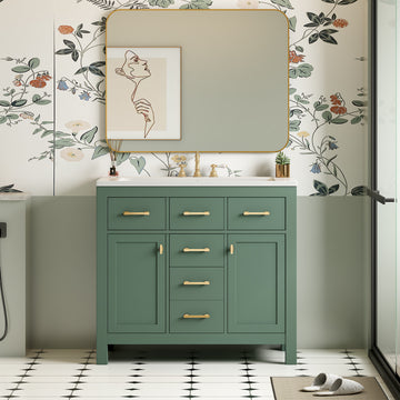 36 Inch Bathroom Vanity With Ceramic Sink Four Drawers Two Doors Green
