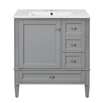 30 Inch Bathroom Vanity With Ceramic Sink Solid Wood Frame Three Drawers Grey