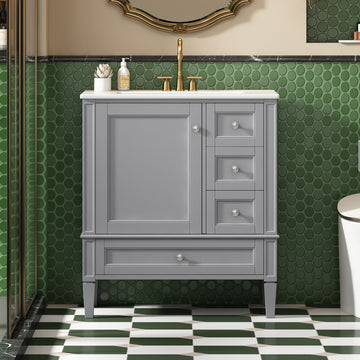 30 Inch Bathroom Vanity With Ceramic Sink Solid Wood Frame Three Drawers Grey