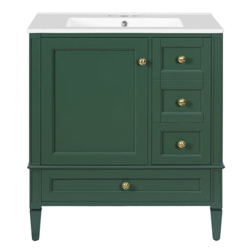 30 Inch Bathroom Vanity with Ceramic Sink and 3 Drawers Green