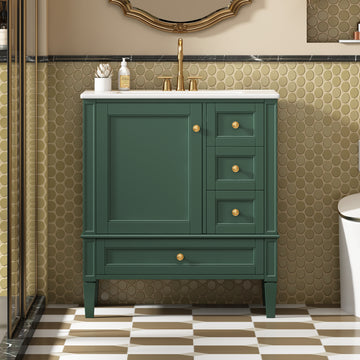 30 Inch Bathroom Vanity with Ceramic Sink and 3 Drawers Green