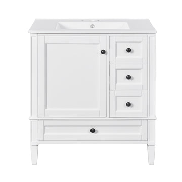 30 Inch Bathroom Vanity With Ceramic Sink Solid Wood Frame Three Drawers White