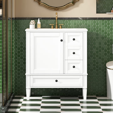 30 Inch Bathroom Vanity With Ceramic Sink Solid Wood Frame Three Drawers White