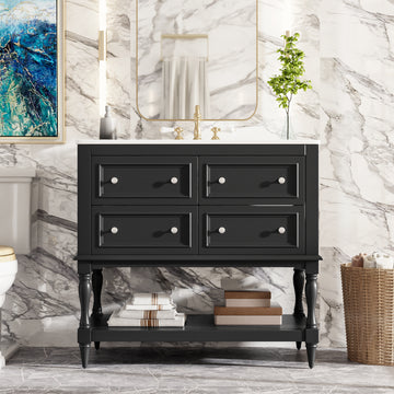 36 Inch Modern Bathroom Vanity With Ceramic Sink Four Drawers Two Cabinets Black
