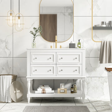 36 Inch Modern Bathroom Vanity With Ceramic Sink Four Drawers Two Cabinets White