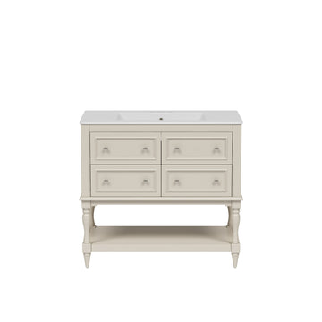 36 Inch Modern Bathroom Vanity With Ceramic Sink Four Drawers Two Cabinets Beige