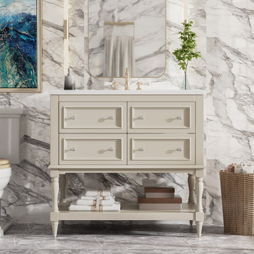 36 Inch Modern Bathroom Vanity With Ceramic Sink Four Drawers Two Cabinets Beige