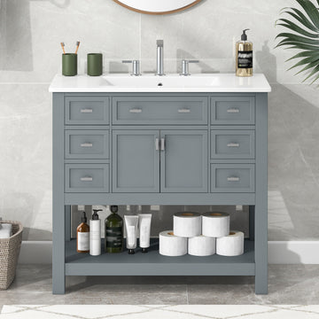 36 Inch Bathroom Vanity with Ceramic Sink and Storage Cabinet Grey