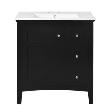 30 Inch Bathroom Vanity with Ceramic Sink Three Drawers Black