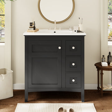 30 Inch Bathroom Vanity with Ceramic Sink Three Drawers Black