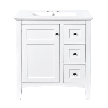 30 Inch Bathroom Vanity with Ceramic Sink Three Drawers White