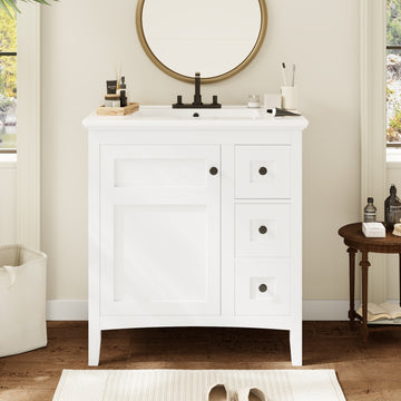 30 Inch Bathroom Vanity with Ceramic Sink Three Drawers White