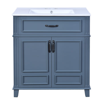 30 Inch Bathroom Vanity with Ceramic Sink Solid Wood Frame Retro Style Blue