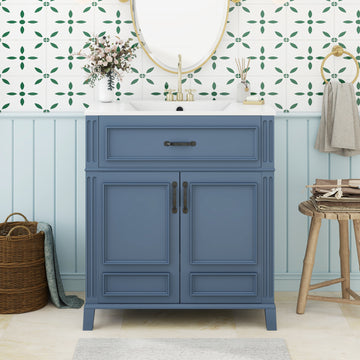 30 Inch Bathroom Vanity with Ceramic Sink Solid Wood Frame Retro Style Blue