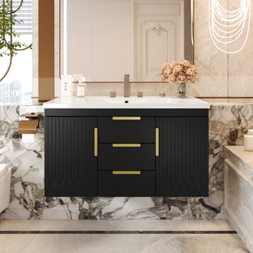36 Inch Wall Mounted Bathroom Vanity with Resin Sink Two Drawers Black
