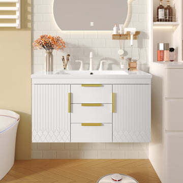 36 Inch Wall Mounted Bathroom Vanity Floating Cabinet with 2 Drawers White