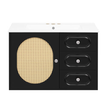 30 Inch Mid Century Bathroom Vanity with Ceramic Sink and Two Drawers Black