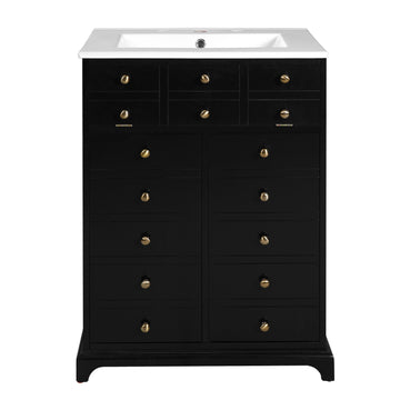 24 Inch Bathroom Vanity with Ceramic Sink Drawer and Double Doors Black
