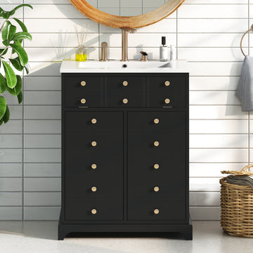 24 Inch Bathroom Vanity with Ceramic Sink Drawer and Double Doors Black