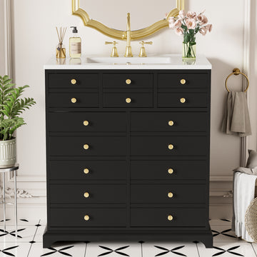 30 Inch Bathroom Vanity with Ceramic Sink Solid Wood Frame Black