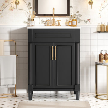 24 Inch Modern Bathroom Vanity with Integrated Ceramic Sink and Double Doors Black