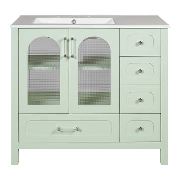 36 Inch Bathroom Vanity with Glass Doors and Four Drawers Green