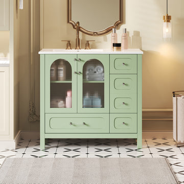 36 Inch Bathroom Vanity with Glass Doors and Four Drawers Green