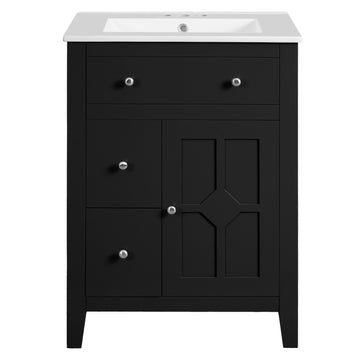 24 Inch Modern Bathroom Vanity with Ceramic Basin and Drawers Black