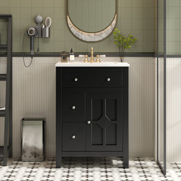24 Inch Modern Bathroom Vanity with Ceramic Basin and Drawers Black