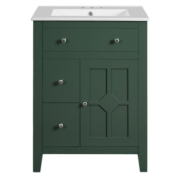 24 Inch Modern Bathroom Vanity with Ceramic Basin and Drawers Green