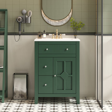 24 Inch Modern Bathroom Vanity with Ceramic Basin and Drawers Green
