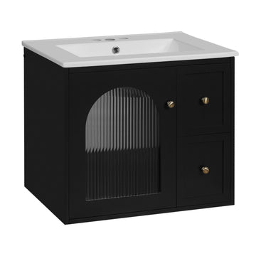 24 Inch Wall Mounted Bathroom Vanity with Ceramic Sink Two Drawers One Door Black