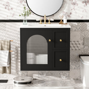 24 Inch Wall Mounted Bathroom Vanity with Ceramic Sink Two Drawers One Door Black