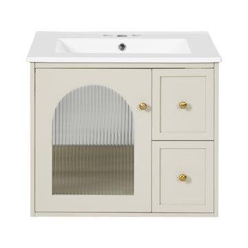 24 Inch Wall Mounted Bathroom Vanity with Ceramic Sink Two Drawers One Door Beige
