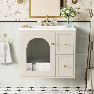 24 Inch Wall Mounted Bathroom Vanity with Ceramic Sink Two Drawers One Door Beige