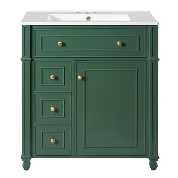30 Inch French Style Bathroom Vanity with Ceramic Sink and Storage Green