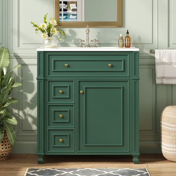 30 Inch French Style Bathroom Vanity with Ceramic Sink and Storage Green