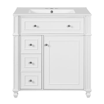 30 Inch French Style Bathroom Vanity with Ceramic Sink and Storage White