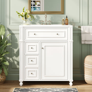 30 Inch French Style Bathroom Vanity with Ceramic Sink and Storage White