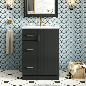 24 Inch Modern Bathroom Vanity with Sink Green 2 Drawers and Soft Close Door Black