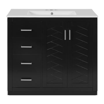 36 Inch Bathroom Vanity with Ceramic Sink Solid Wood Frame 3 Drawers 2 Doors Black