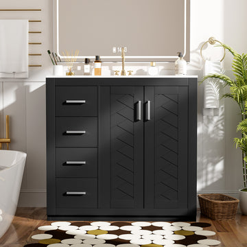 36 Inch Bathroom Vanity with Ceramic Sink Solid Wood Frame 3 Drawers 2 Doors Black