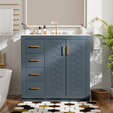 36 Inch Bathroom Vanity with Ceramic Sink Solid Wood Frame 3 Drawers 2 Doors Blue